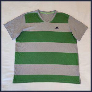 Adidas Climalite V-Neck Short-Sleeve Tee T-Shirt Striped Gray & Green Men's XL